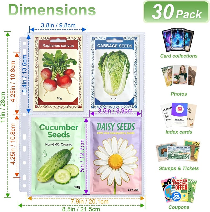 Zofly 240 Pockets 3.5x5” Seed Packet Sleeves, 30 Pack Double Sided 4 Pocket Seed Organizer Sheet,Heavy Duty Garden Seeds Storage Pages for 3 Ring Binder, 8.5x11” Top Loading Clear Photo, Index Card Sleeves - Image 3